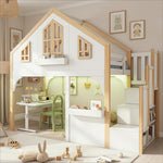 House Bunk Bed 90x200cm with LED & Storage Stairs, White+Natural