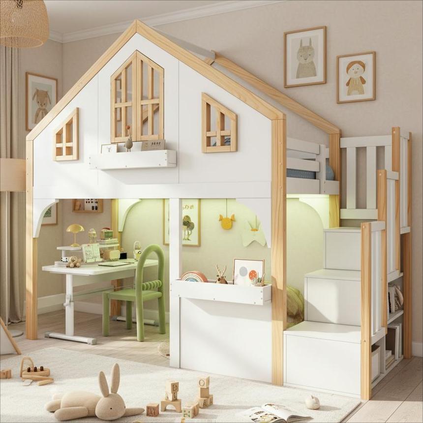 House Bunk Bed 90x200cm with LED & Storage Stairs, White+Natural
