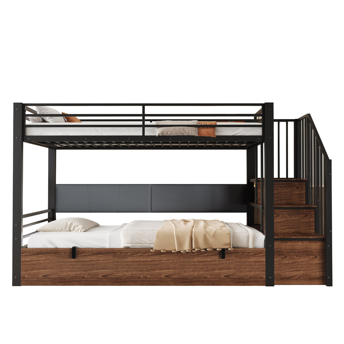 Iron Loft Bed with Hydraulic Function, Padded Backrest and Safety Ladder, 90x200cm, Black PU