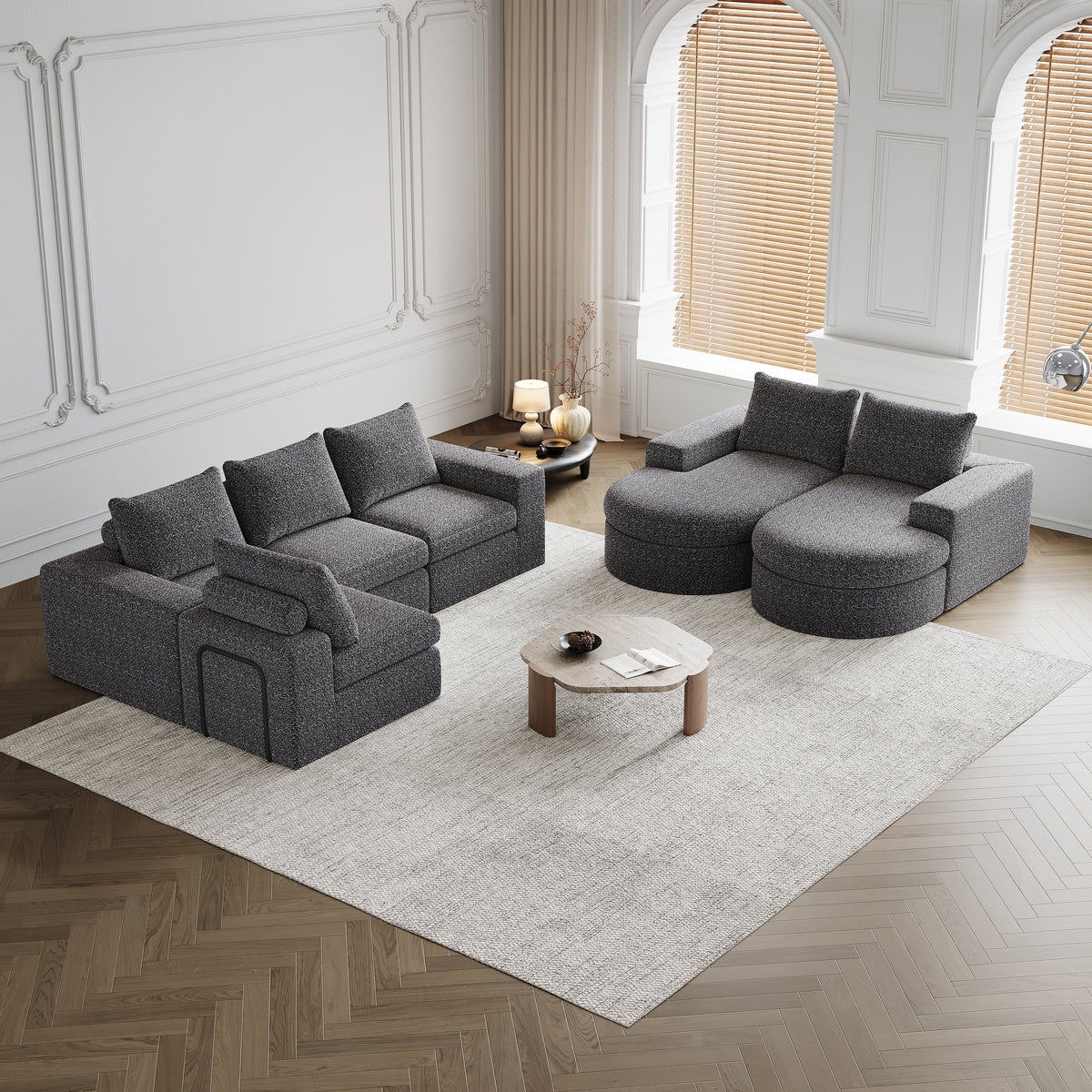 Chenille Sofa, Curved Modular L-Lounger, Two-Piece Set