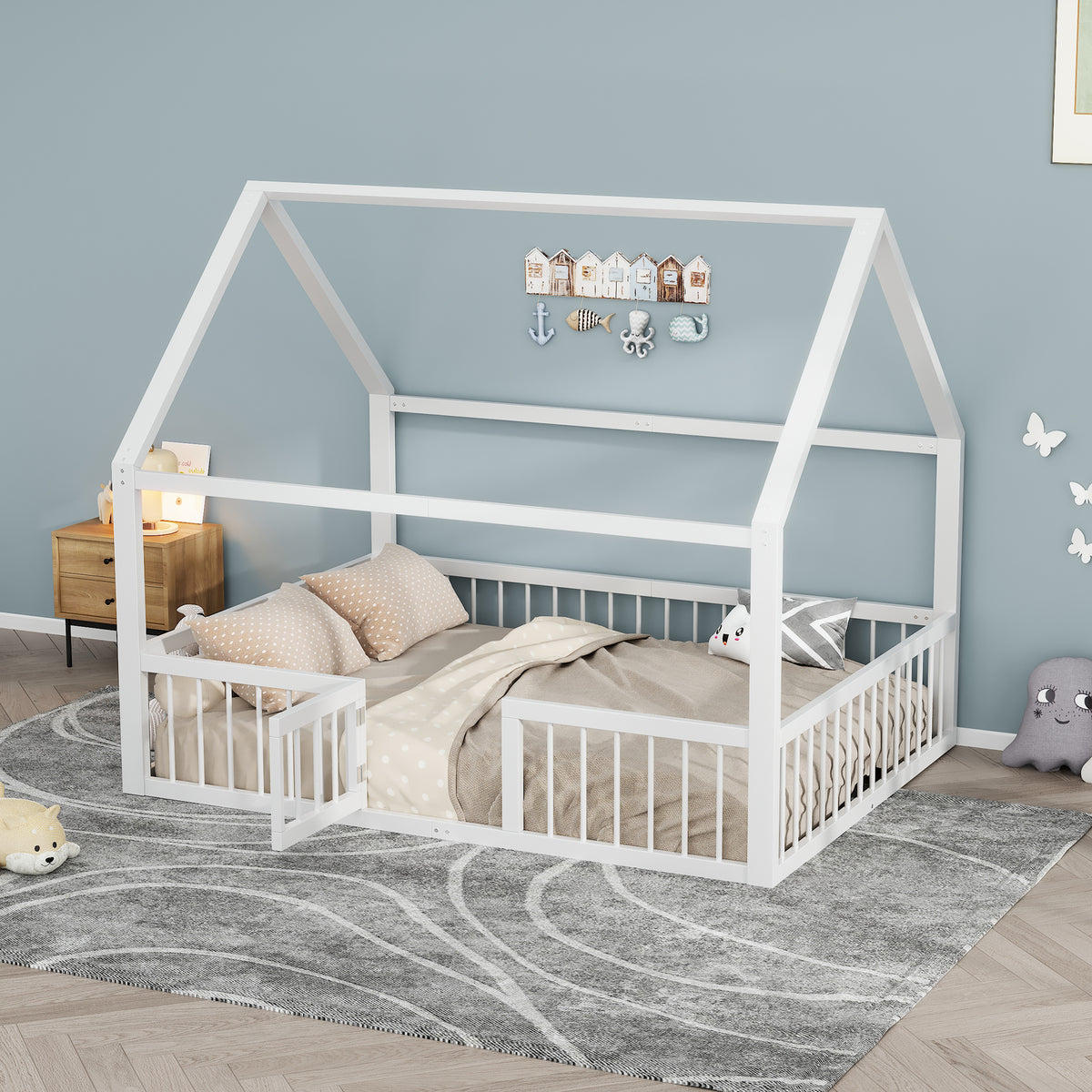 Flatbed Metal Bed 140x200cm with House Trim & Railing - White