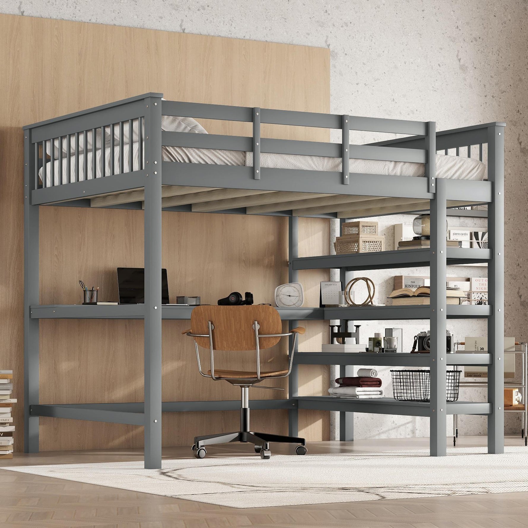 Loft Bed 140x200cm Storage Compartments Desk - Grey