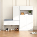 Trendy 2-in-1 Shoe Cabinet with Curved Doors, Soft-Close, Adjustable Compartments, Upholstered Bench, White