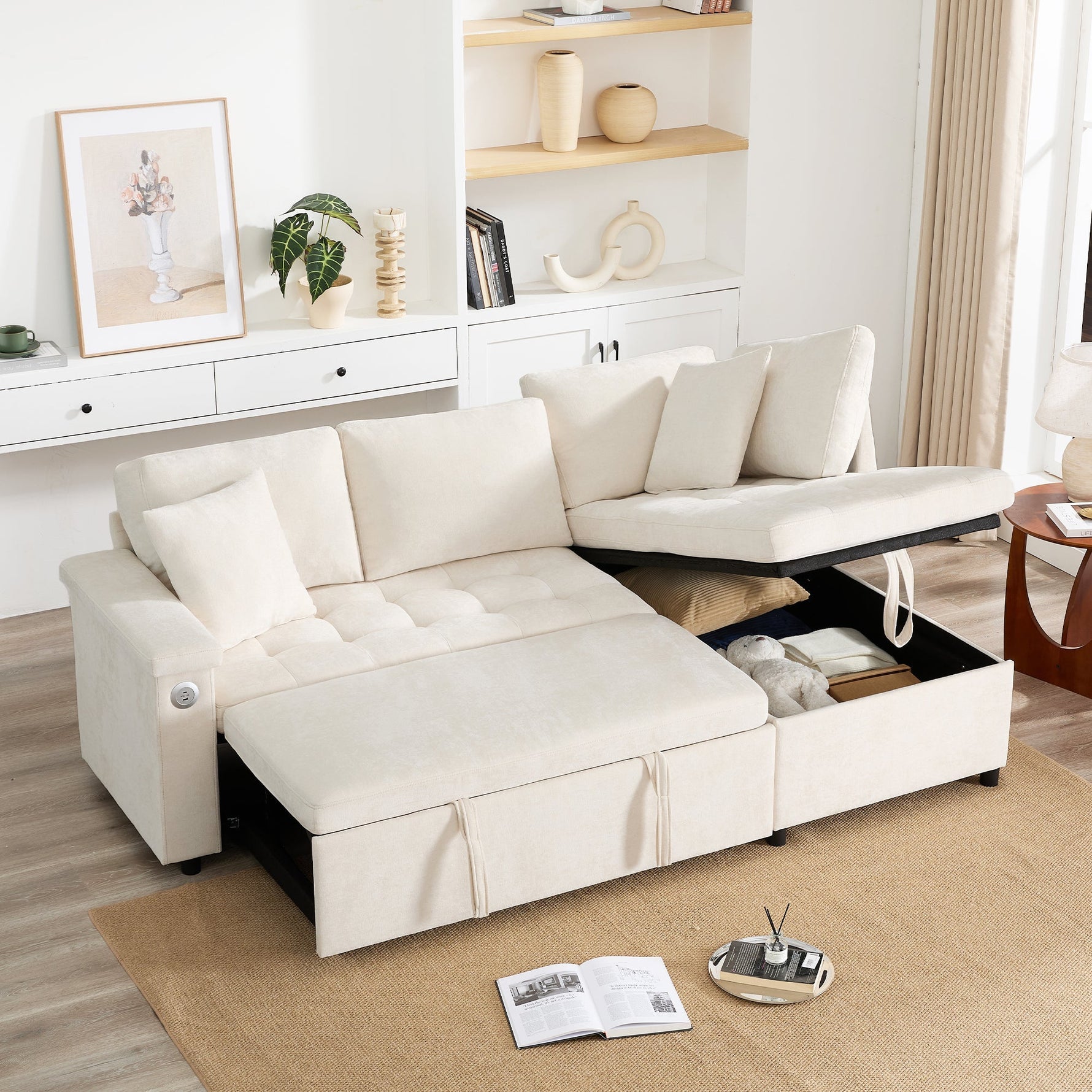 Modern L-shaped Sofa Bed with Storage, USB Charger, and Cushions, Beige