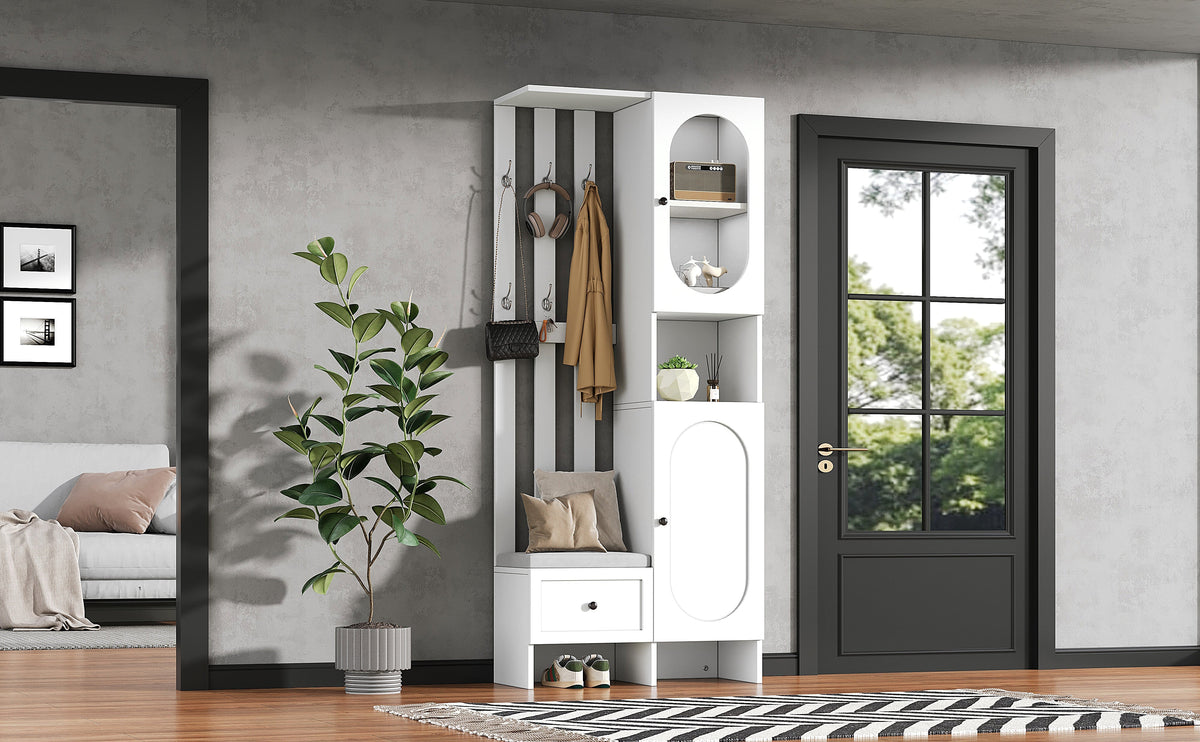 Compact Wardrobe Set with 2 Cabinets, Tempered Glass, Shoe Bench & Cushion, White