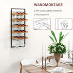 Wall-Mounted Wine Rack, 5 Tiers, 15 Bottles 4 Glasses, Pinewood Steel