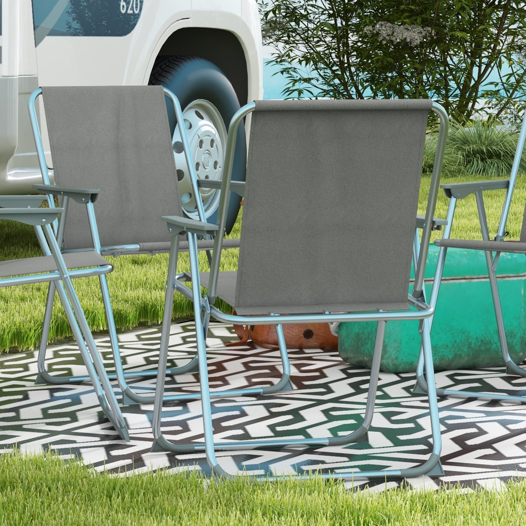 Folding Chair Set of 4, Foldable Garden Camping with Backrest Armrest, Oxford Grey