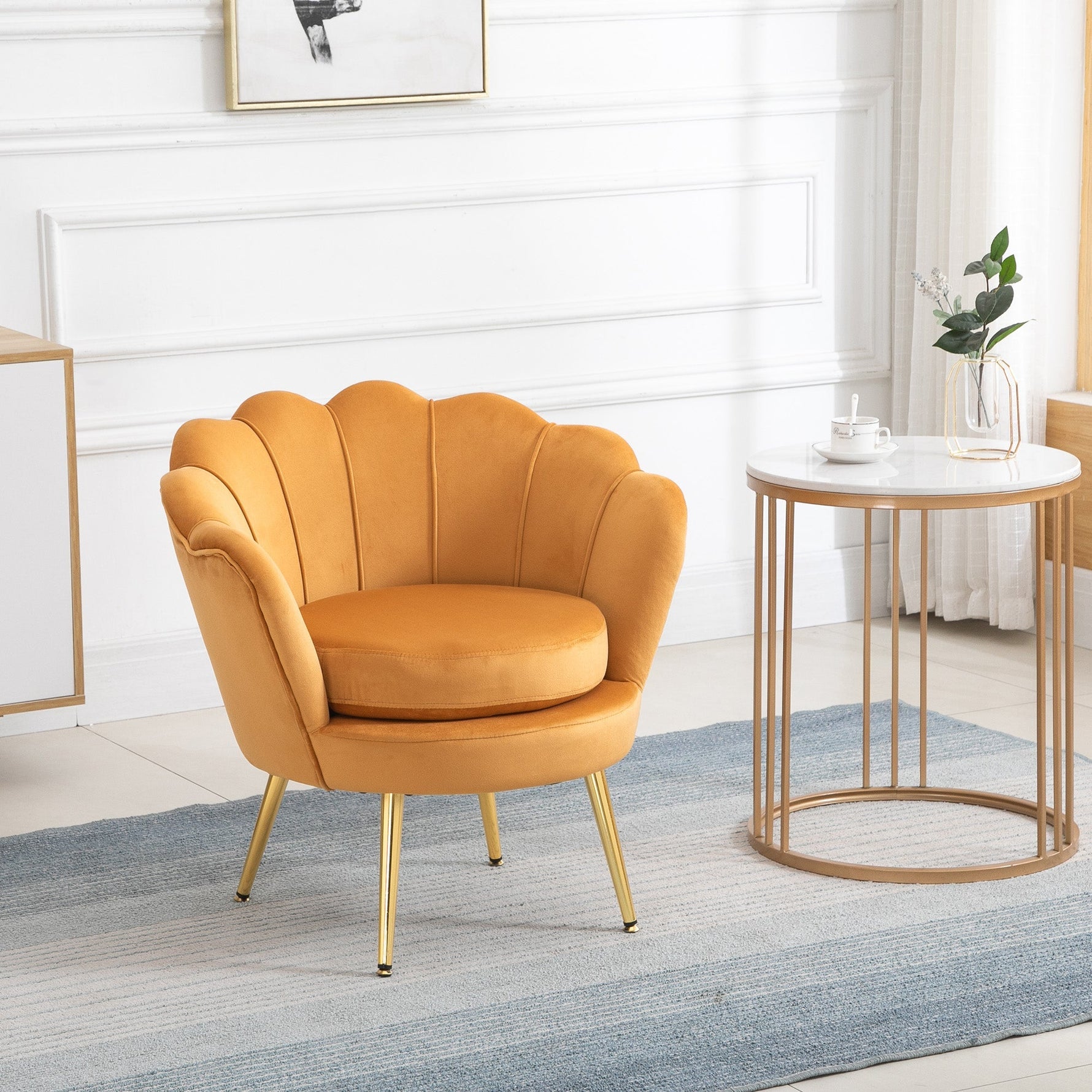 Armchair Upholstered, Shell Shape Relaxing, Metal Legs, Velvet, Yellow