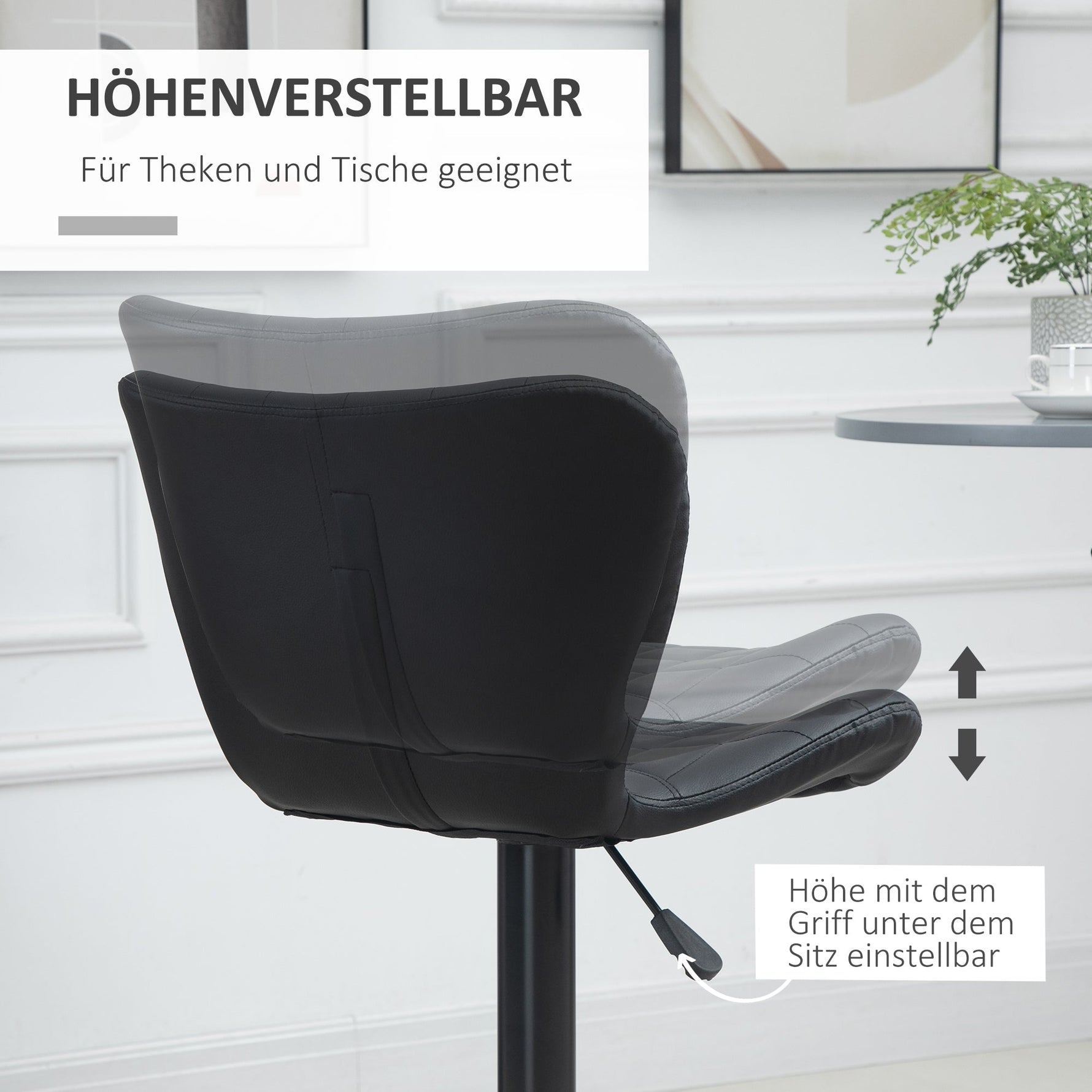 Bar Stool Set of 2, Retro Design 360° Swivel Height Adjustable, Black Leather