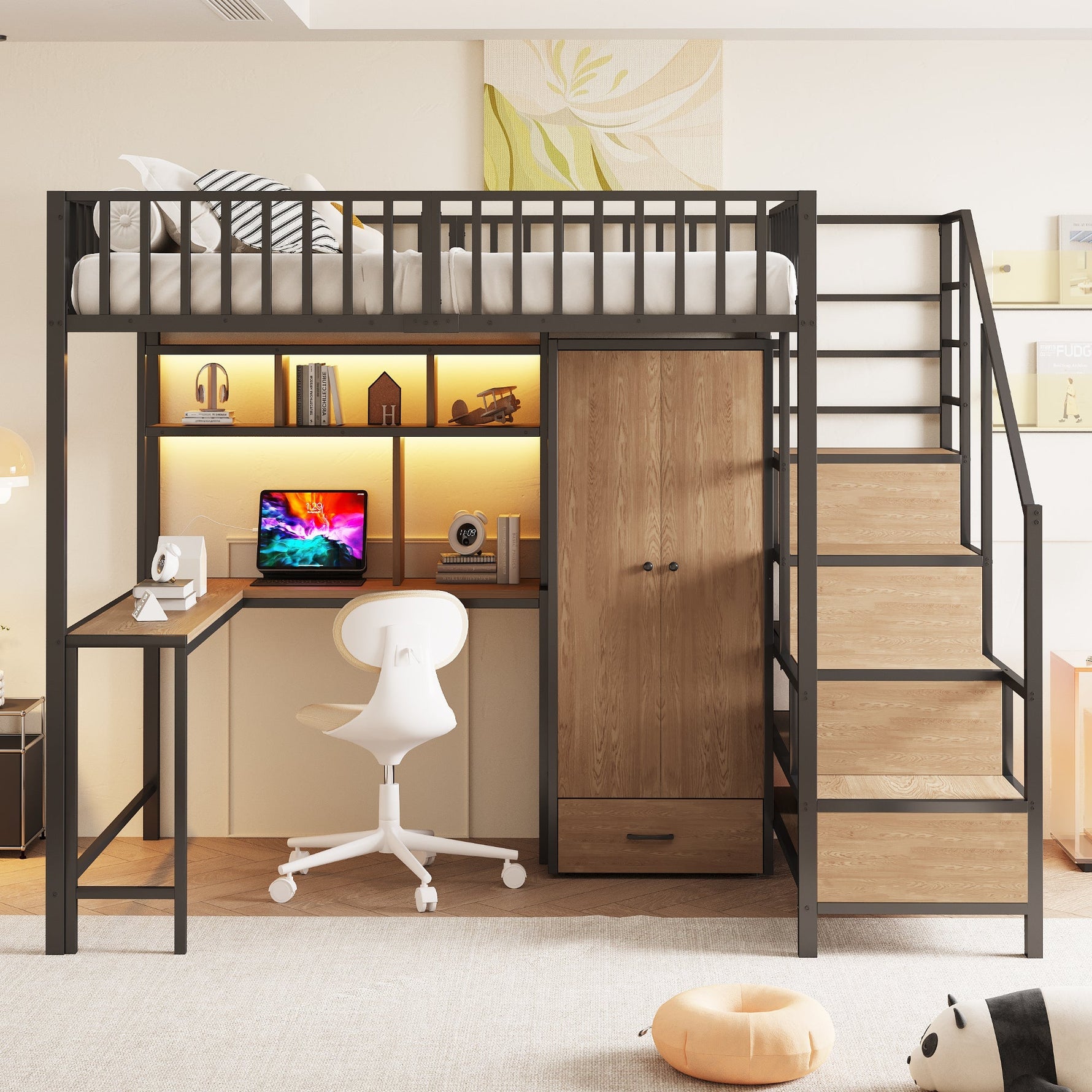 Metal Loft Bed 140x200cm Desk Wardrobe Drawers Storage Ladder LED Charging Black