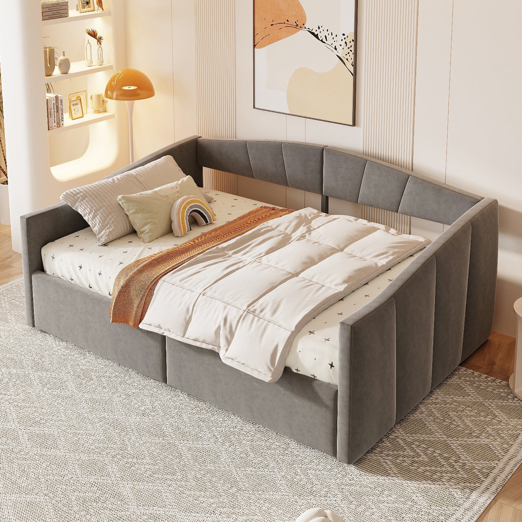 Upholstered Sofa Bed, 140x200cm, Hydraulic Support, Slatted Frame, Armrests, Velvet Fabric, Grey
