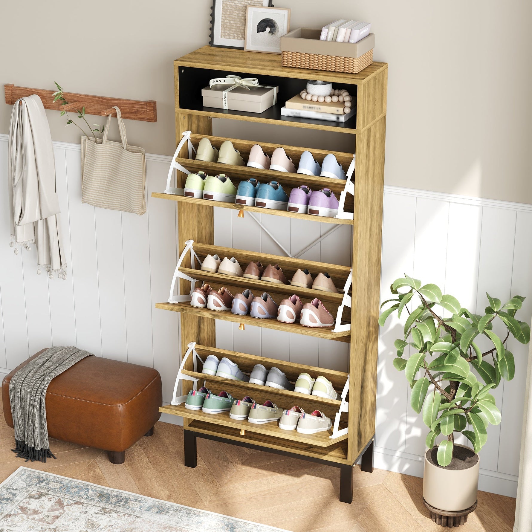 Shoe Cabinet with 3 Drawers and Additional Compartments, Tall and Narrow, Natural Wood Look
