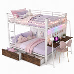 Loft Bed 140x200 cm with Desk, 2 Drawers & LED, White Metal