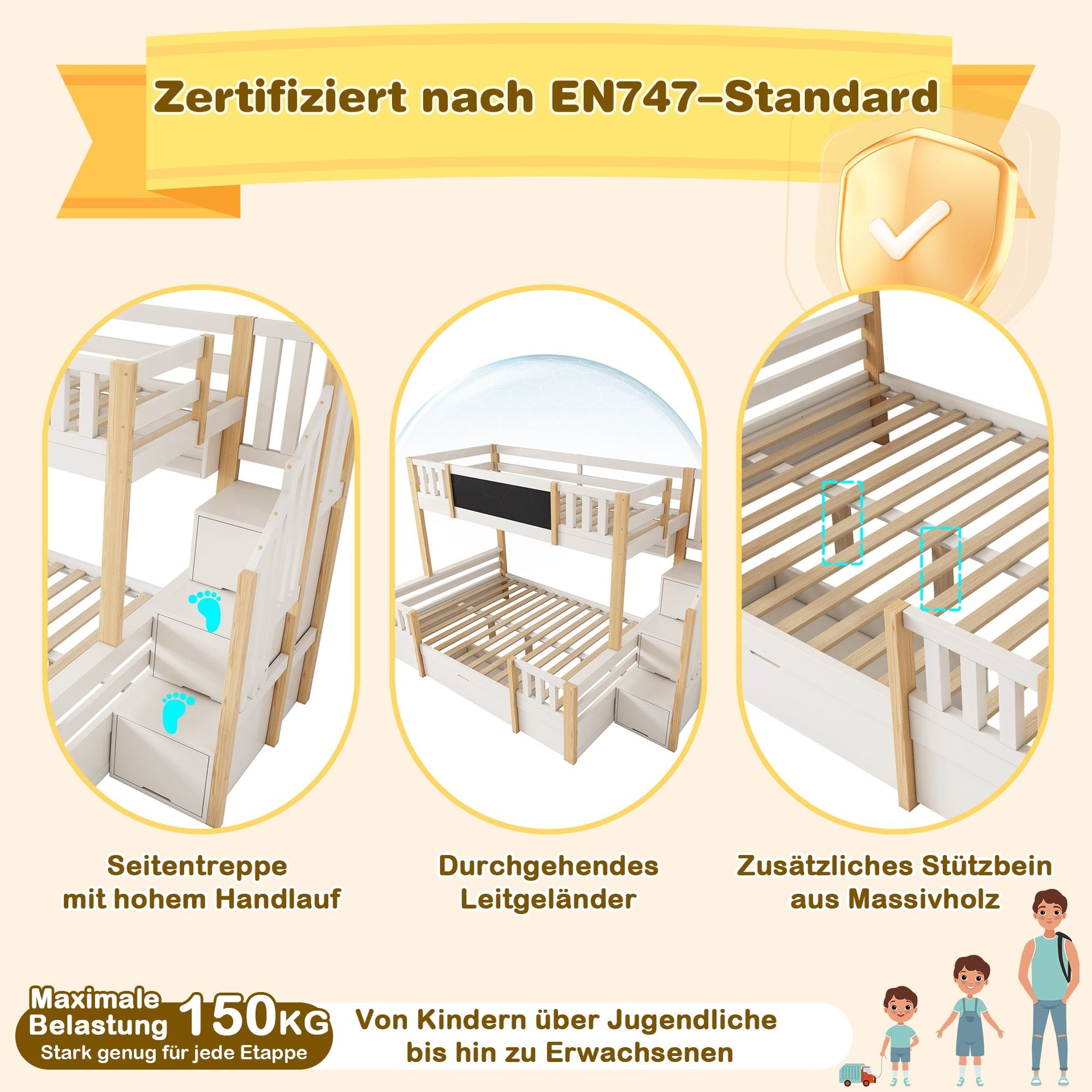 Bunk Bed for 3 Children with Chalkboard, Storage Stairs and Drawers, White Solid Wood