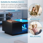 Black Coffee Table with Glass Panel, LED Lighting, App Control, 2 Drawers, 100x50x35.5 cm