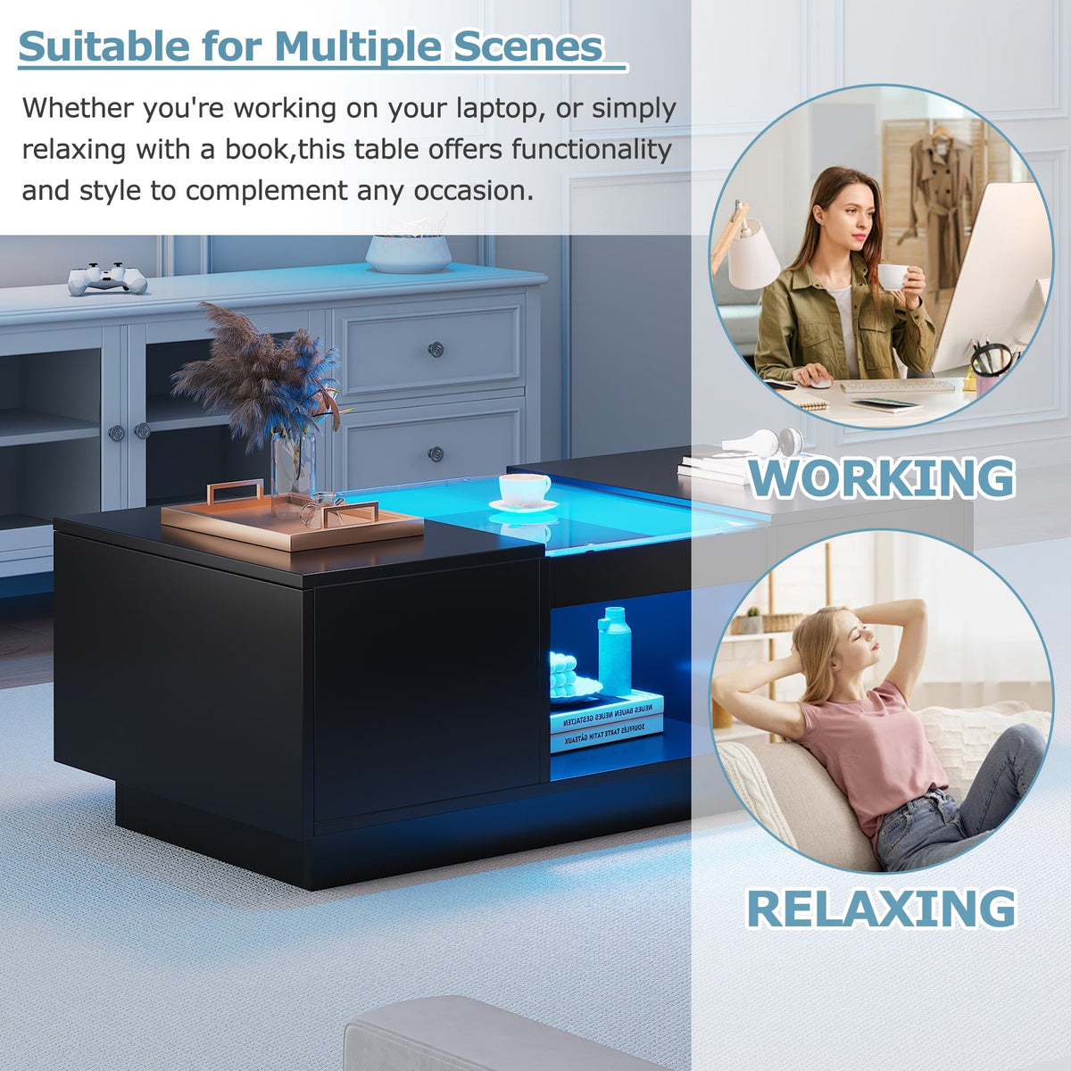 Black Coffee Table with Glass Panel, LED Lighting, App Control, 2 Drawers, 100x50x35.5 cm