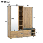 Wardrobe Set with Mirror, Shoe Bench and Coat Rack, Wood Color