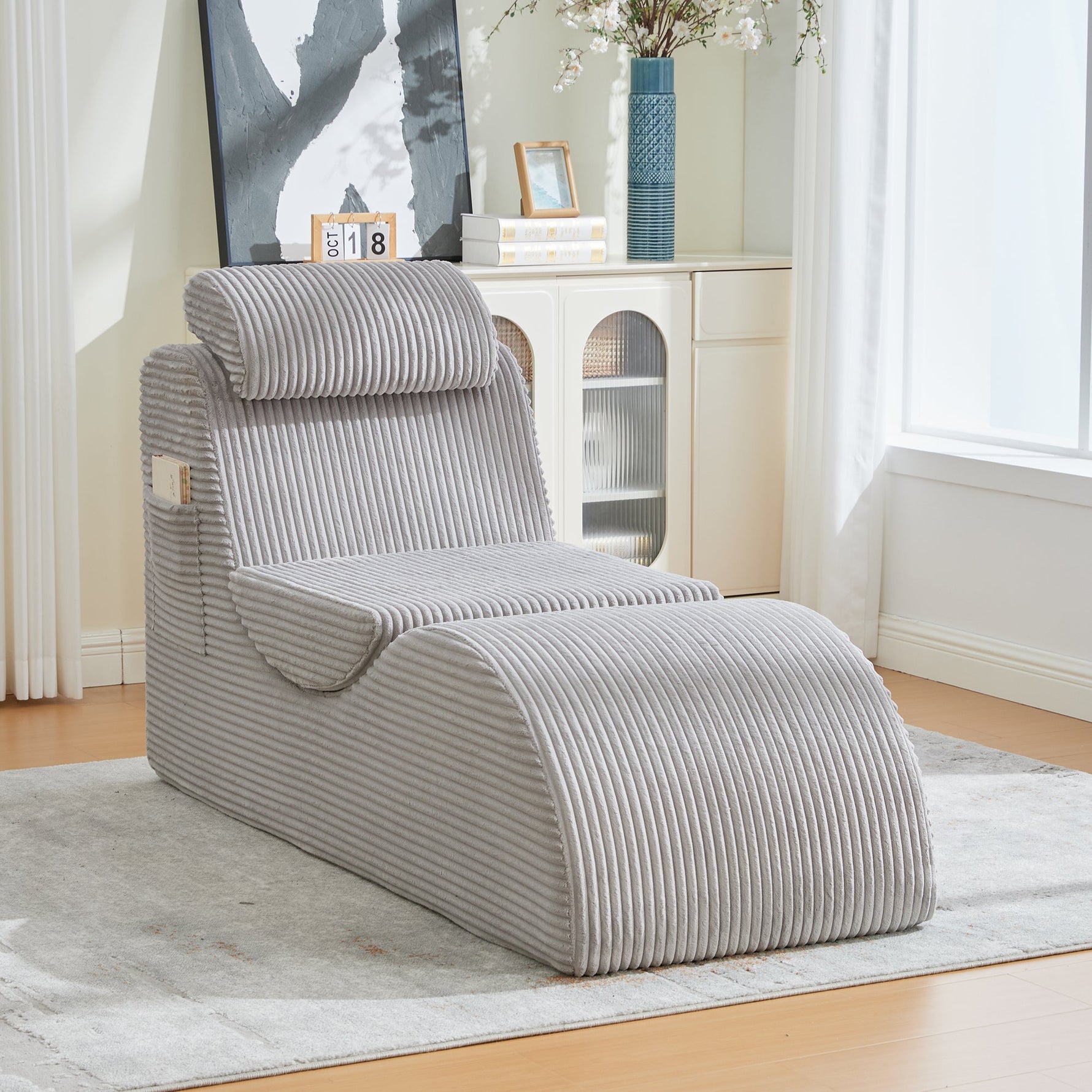 Modern Leisure Chair with Ergonomic Design and Side Pocket, Light Grey