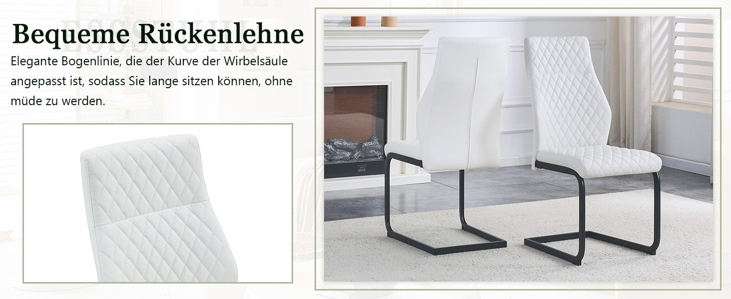Dining Chairs Set of 2 with High Backrest and Diamond Pattern, White PU Leather and Metal