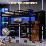 Loft Bed 140x200cm with Storage Cabinet & LED, Black Metal