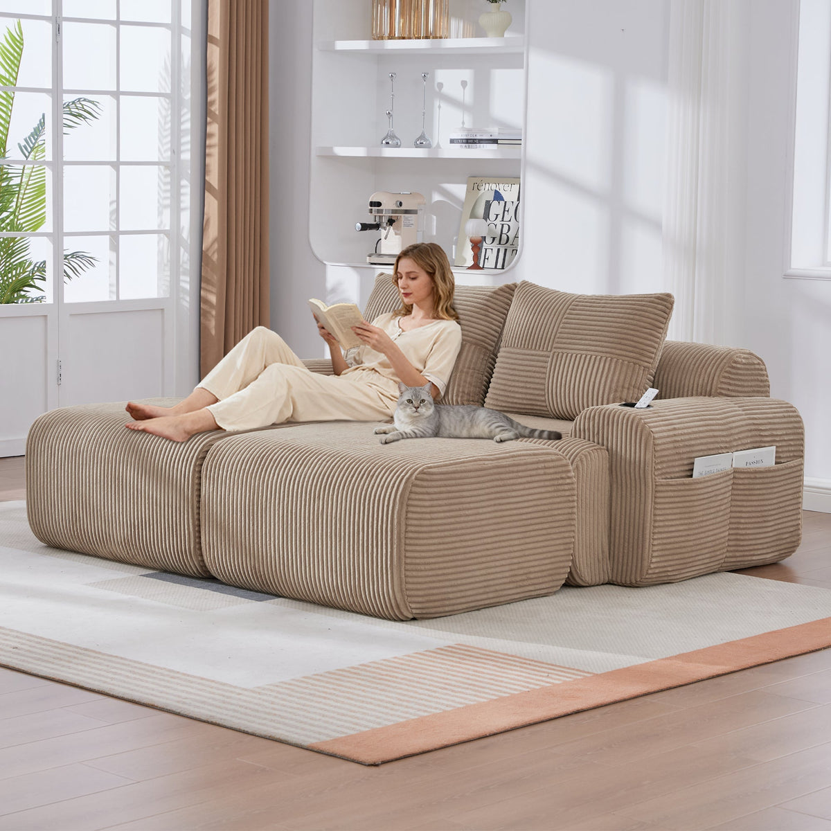 Modular Sofa 2-Person 2 Ottomans Cup Holder Storage Corduroy Khaki