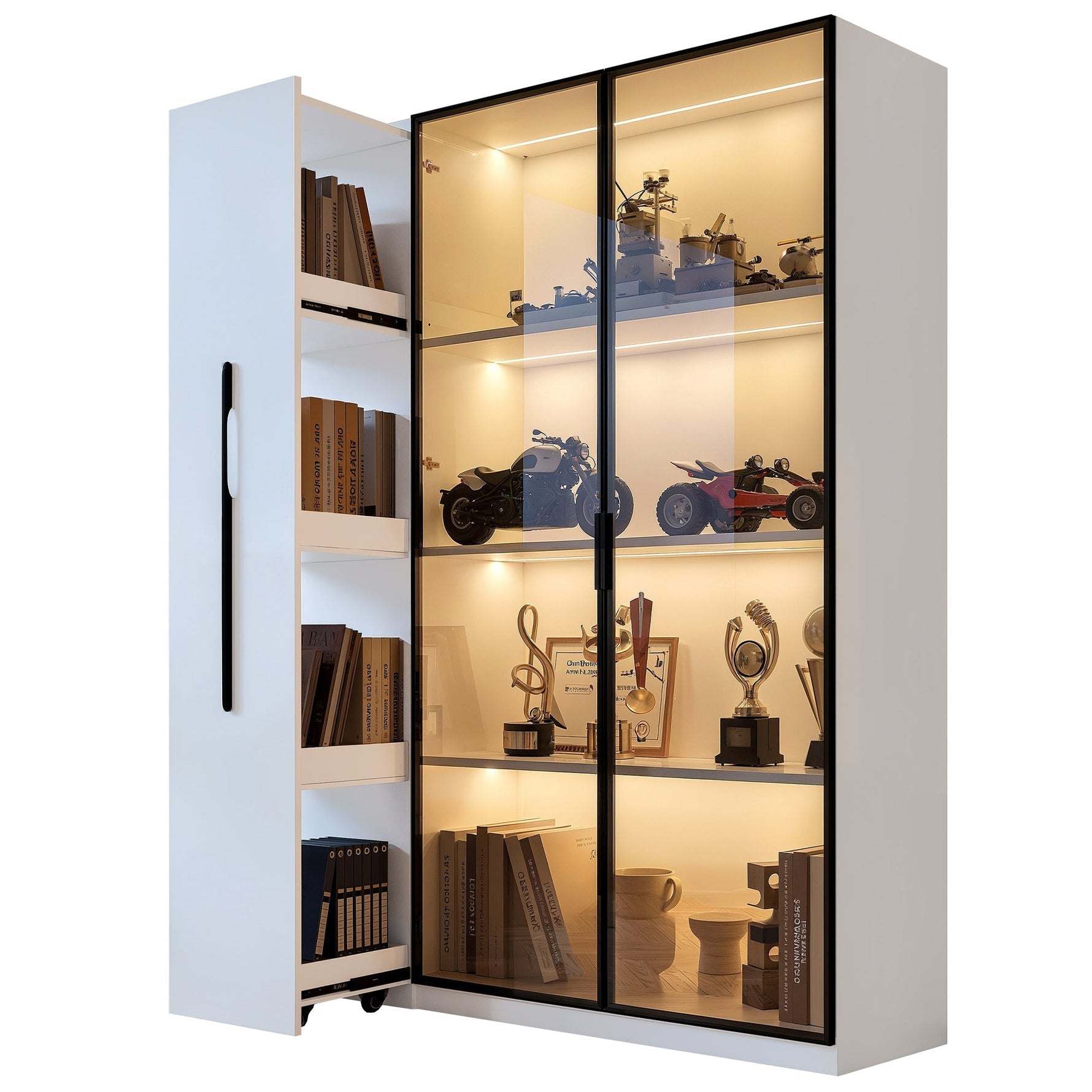 Multifunctional Cabinet with Glass Door, LED Lighting and Side Pull-out, Amber Glass and MDF