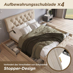 Double Upholstered Bed 140x200cm, 4 Drawers Adjustable Headboard, Natural Finish