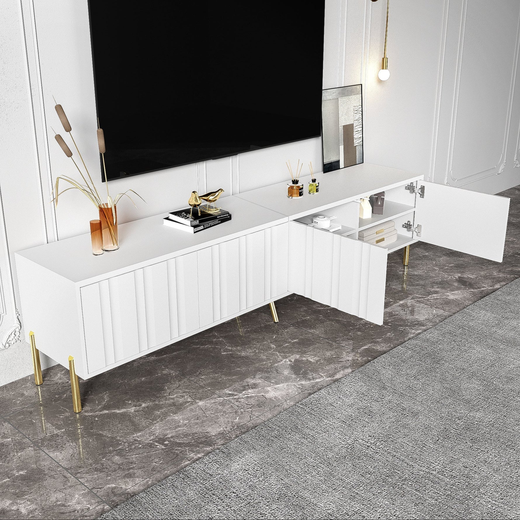 TV Cabinet 190cm Grooved Door Gold Legs - White