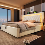 Upholstered Bed with LED Diamond Strip, USB Charging and Hydraulic Storage, Beige Velvet