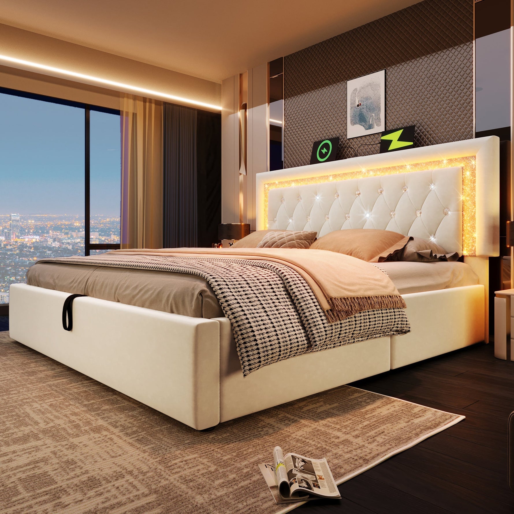 Upholstered Bed with LED Diamond Strip, USB Charging and Hydraulic Storage, Beige Velvet