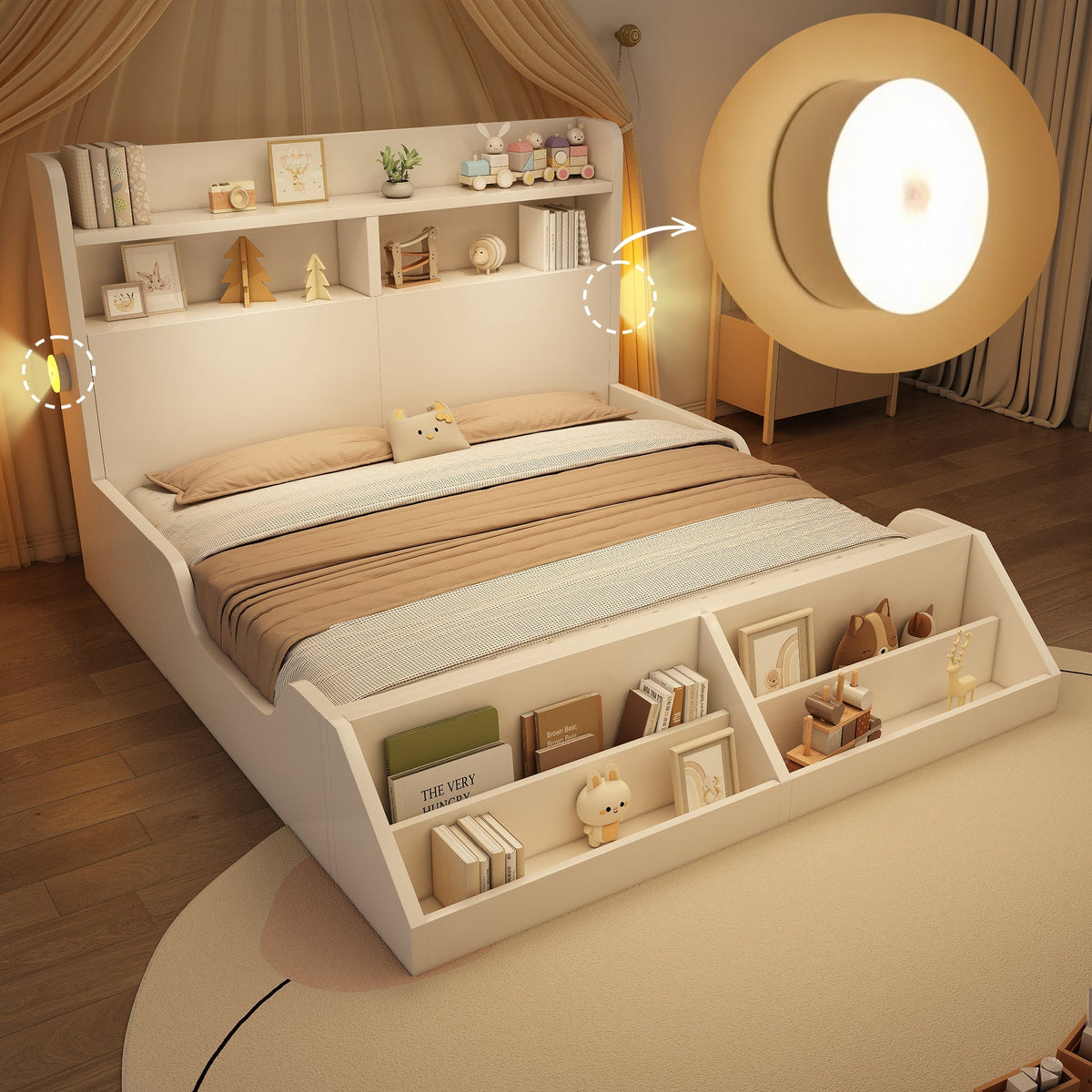 Wooden Double Bed 140x200cm Youth Bed with Shelves Nightlights Bookshelf Pure White