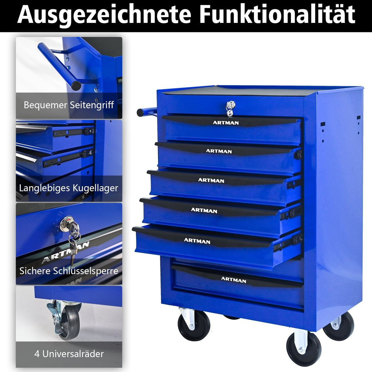 Rolling Tool Cabinet with 7 Drawers, Ball Bearing Slides, Steel Black & Blue