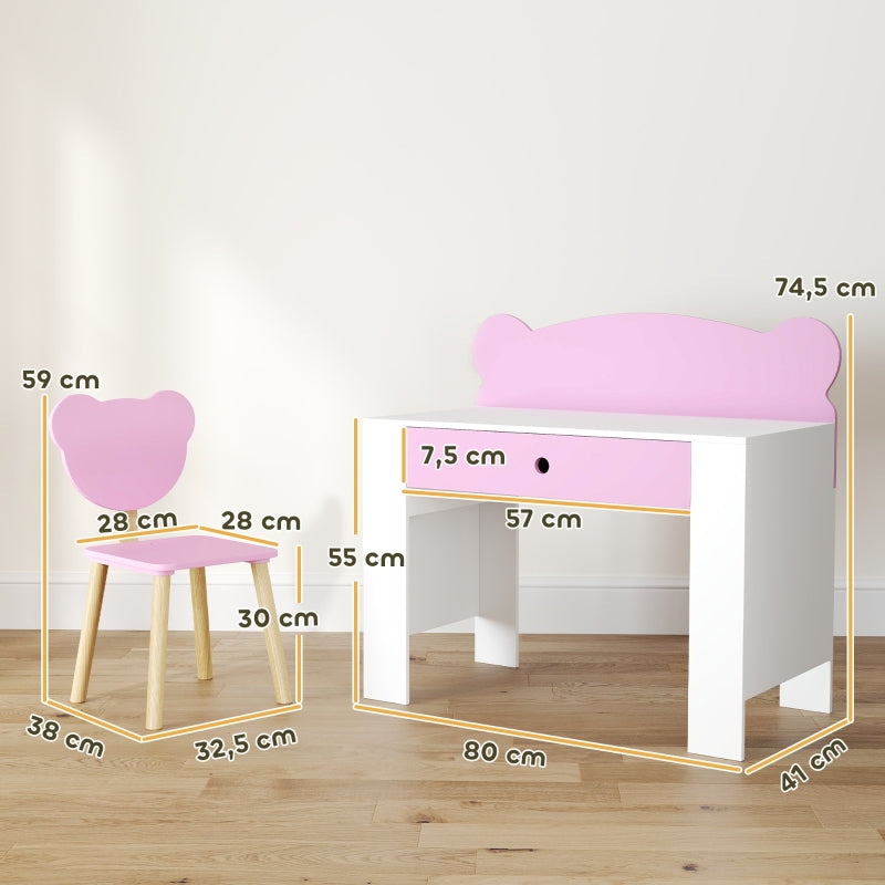 AIYAPLAY Children's Desk Set with Table Top & Drawer, Bear Shape, Pink