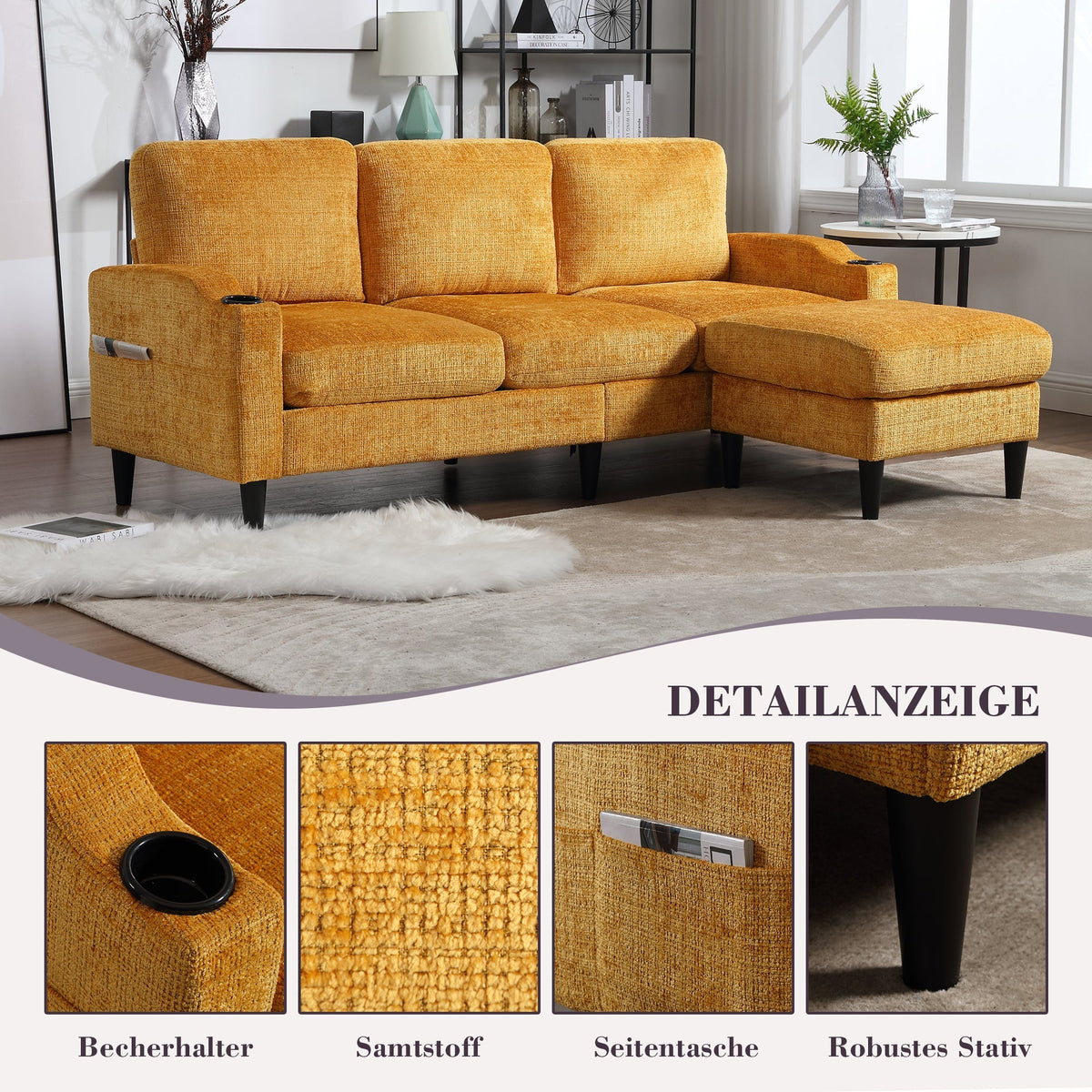 Sofa, 4-Seater with Footstool, Storage & Cupholder, Velvet