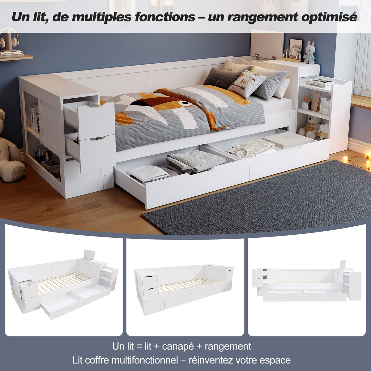 Lit Enfant Simple avec Tiroirs et Rangement, 90x190cm, Blanc