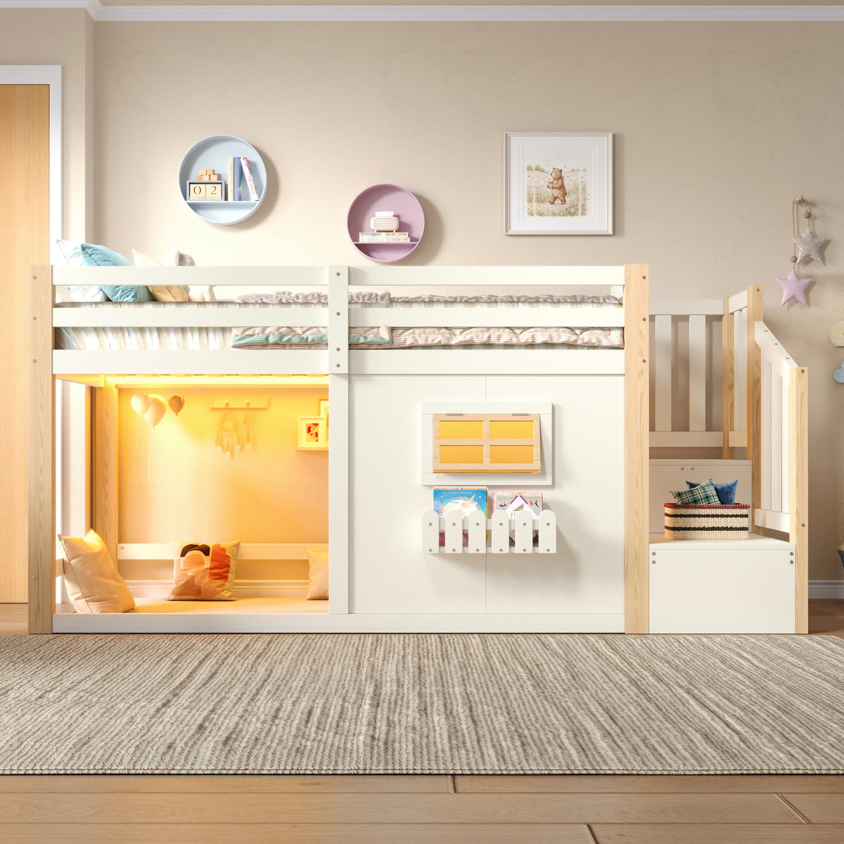 Loft Bed 90x200cm with Window, Storage & LED, Natural White Pine