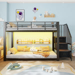 Metal Bunk Bed 90x200cm with Stairs, Storage & LED, Black