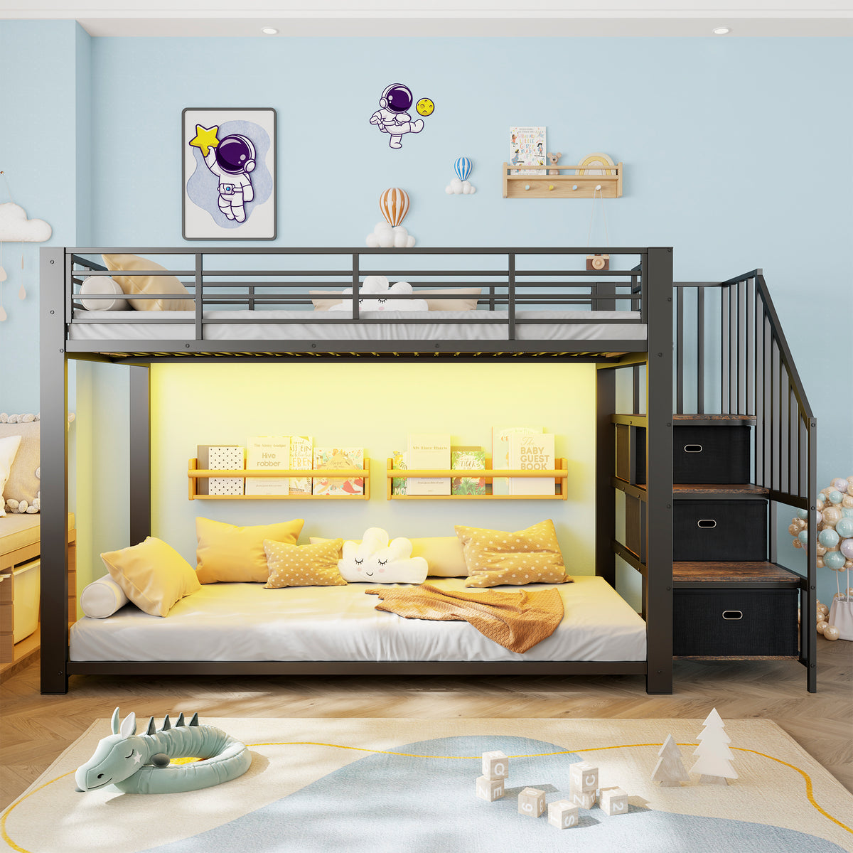 Metal Bunk Bed 90x200cm with Stairs, Storage & LED, Black