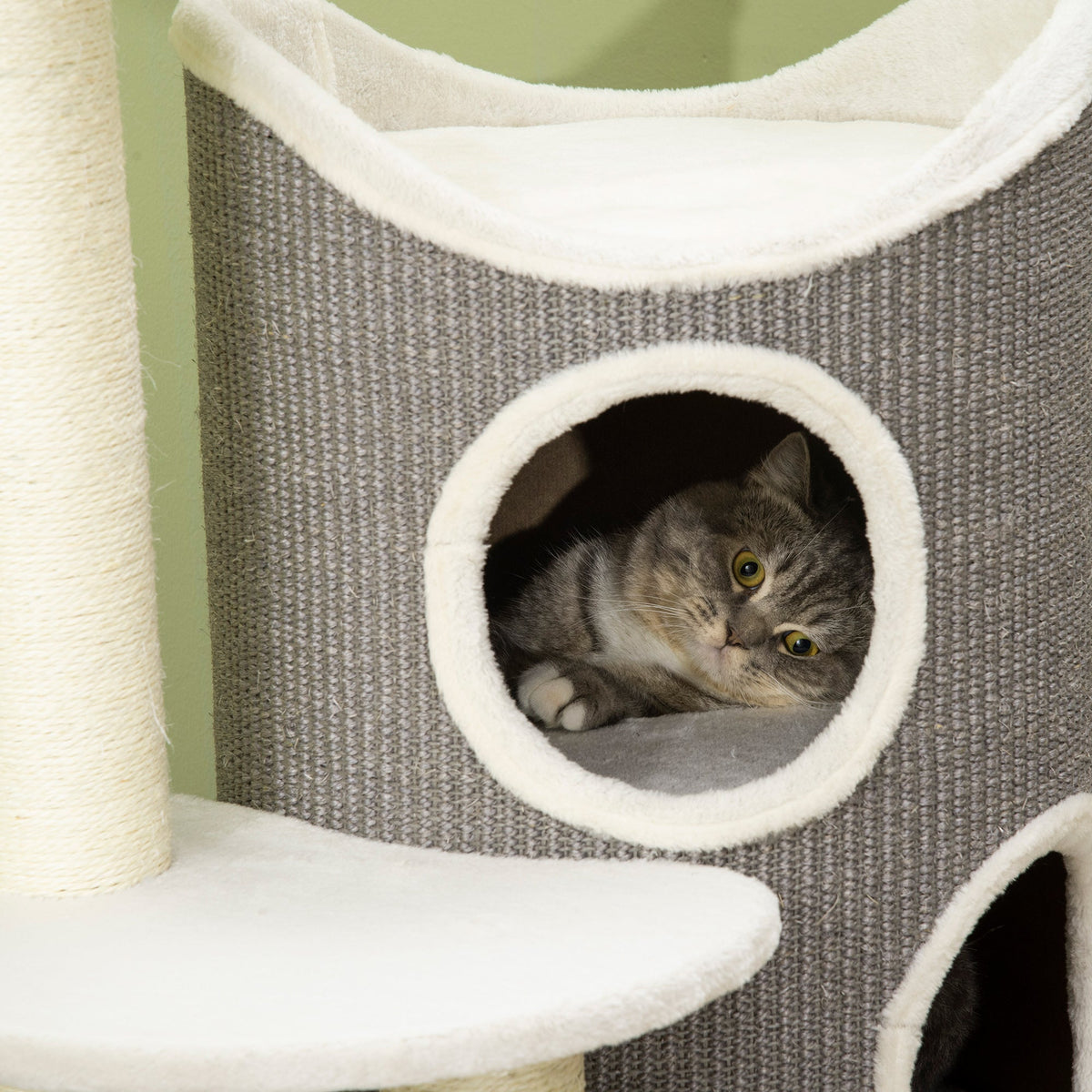 Cat Tree 109cm, Scratching Barrel & Bed, Sisal, White Grey