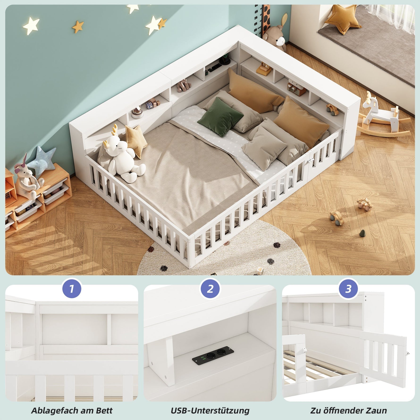 Daybed with Storage and USB Charging Port, 140x200cm, White Chipboard