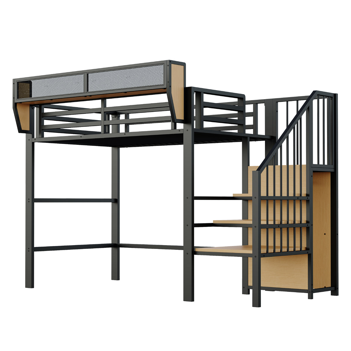 Loft Bed 90x200 with Safety Ladder & Storage, White Metal