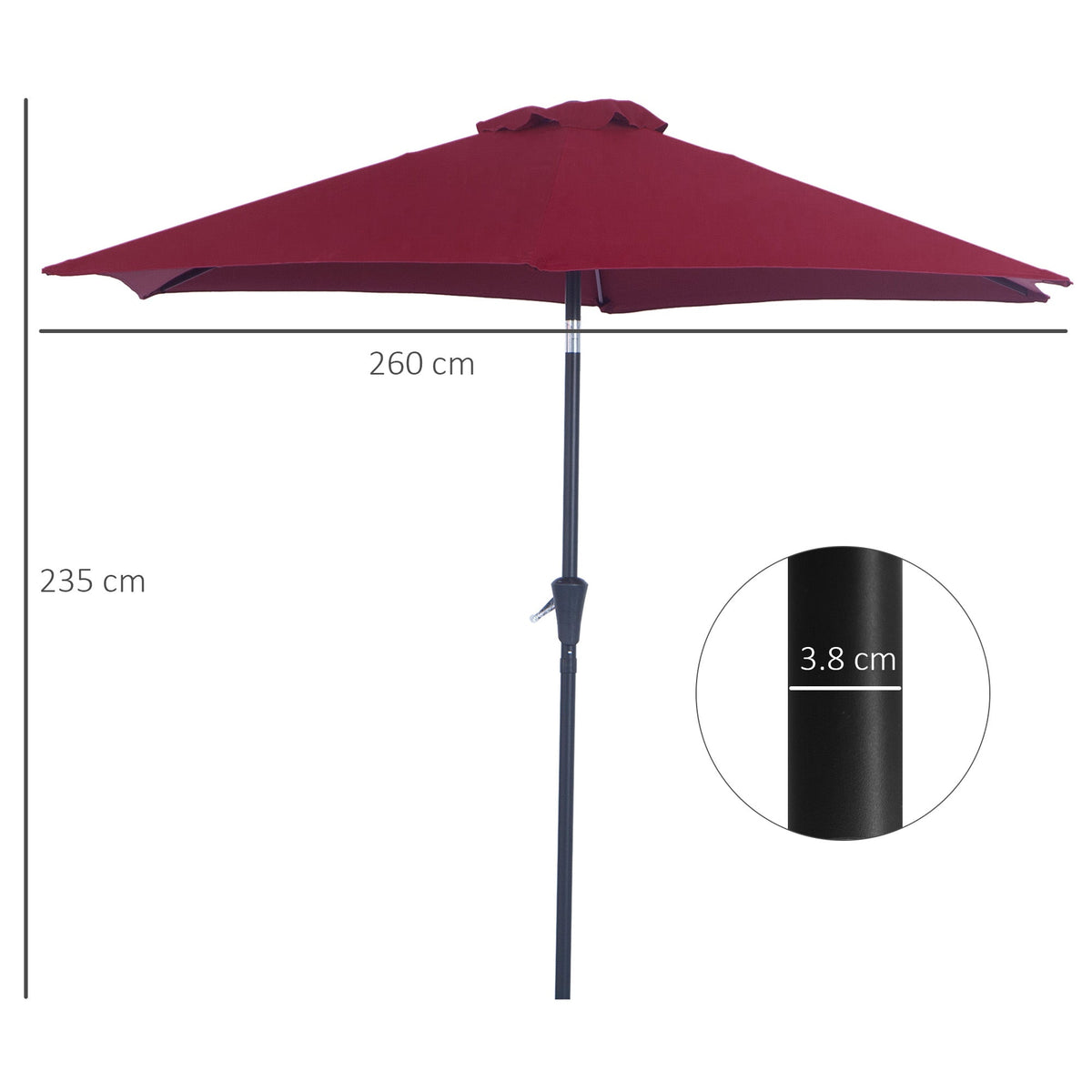 Folding Parasol Garden Umbrella 2.6m Aluminum Hand Crank, Red Polyester