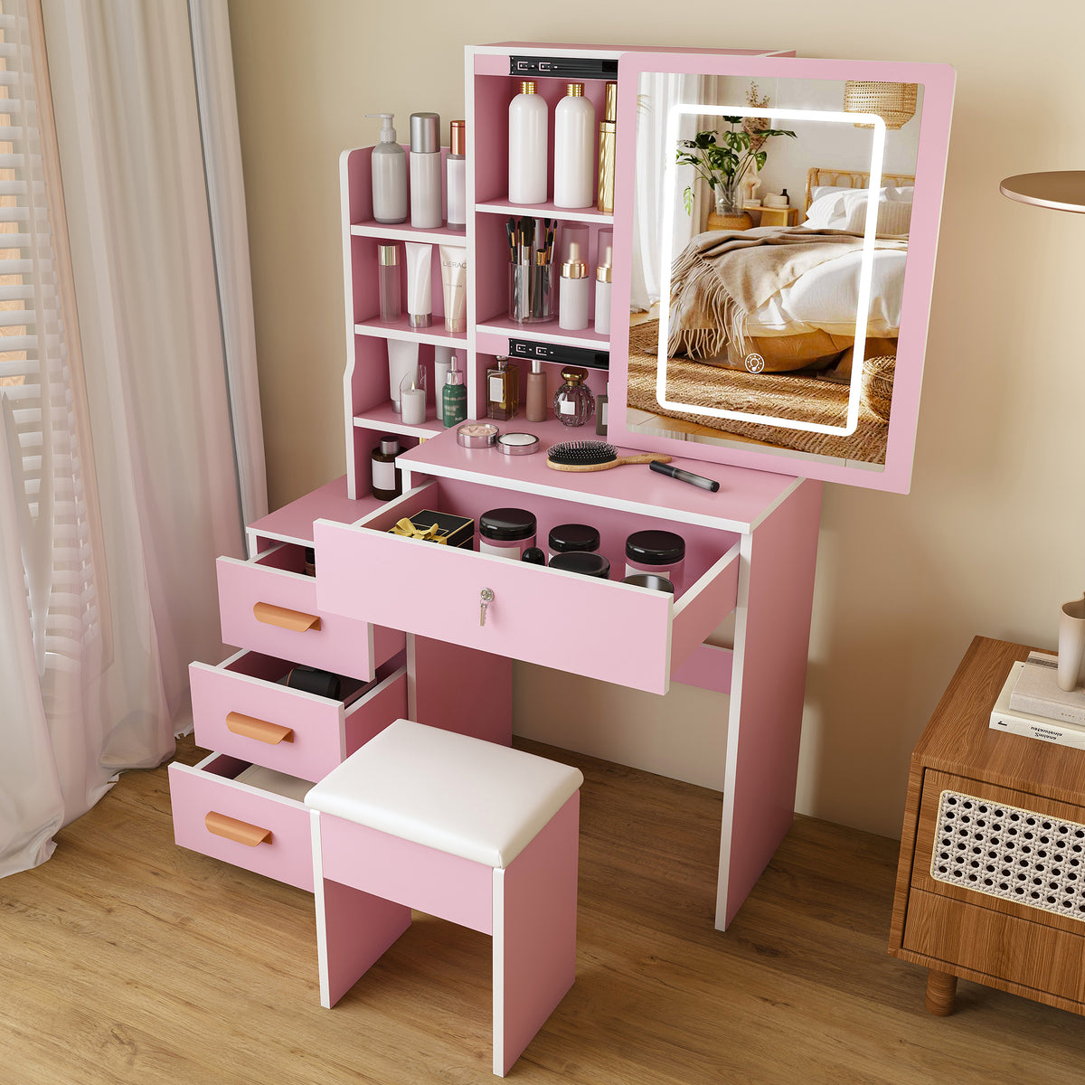 Dressing Table Set with LED Mirror, Stool & 4 Drawers, Pink