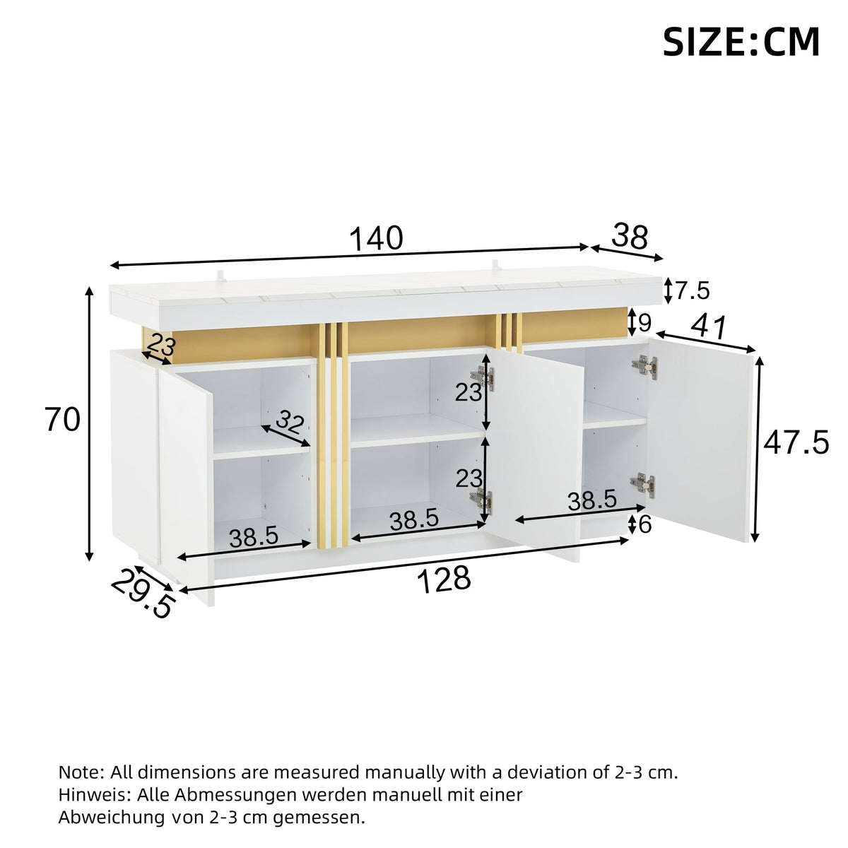 Sideboard Display, 3-Door Dining Room Cabinet with Adjustable Dividers, Modern White