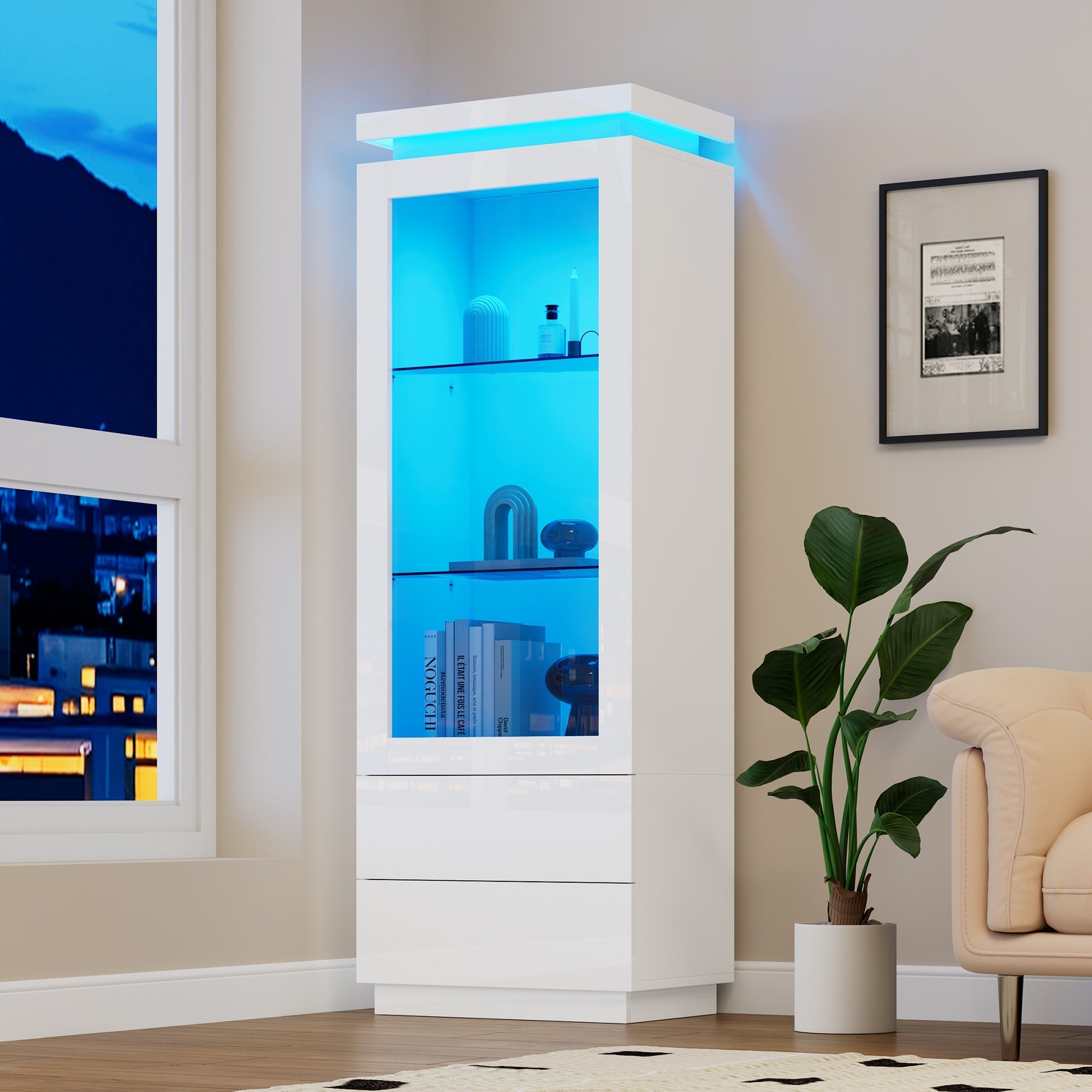 Display Cabinet 60x40x171cm Tall Glass LED 2 Drawers, High-Gloss White