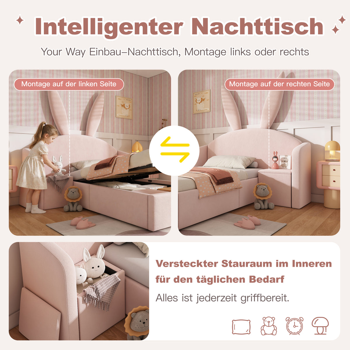 Children's Bed 90x190cm with Storage & Bedside Table, Pink Velvet