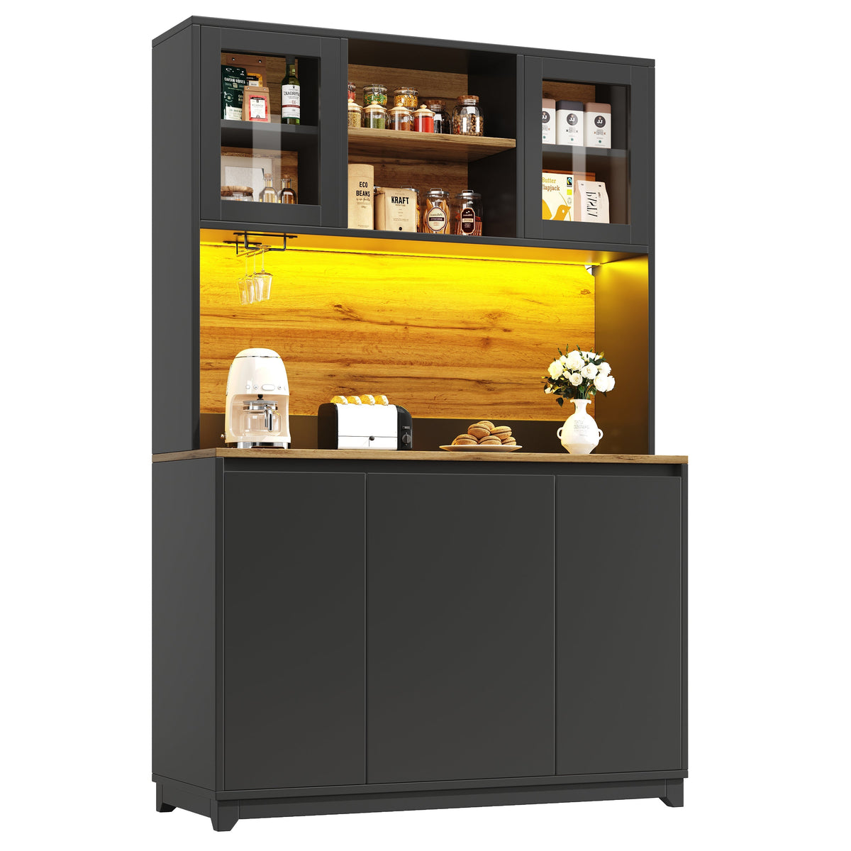 Tall Kitchen Sideboards with LED Lighting and Acrylic Doors, Black