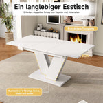 Extendable Dining Table Set with 6 Velvet Chairs and V-Shaped Legs, White and Beige