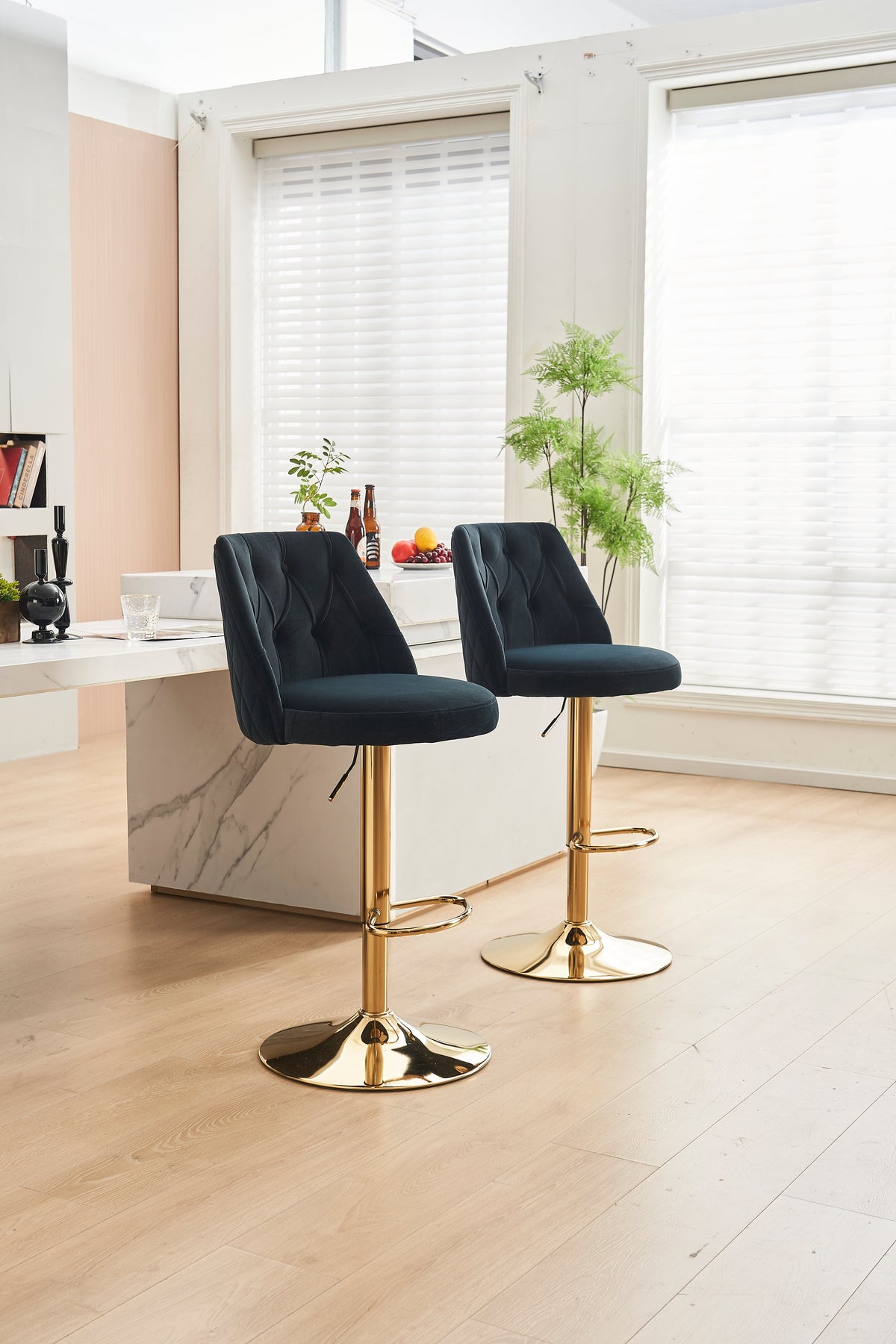 Velvet Bar Stool Adjustable Height Swivel Tufted Backrest Footrest Set of 2 - Black