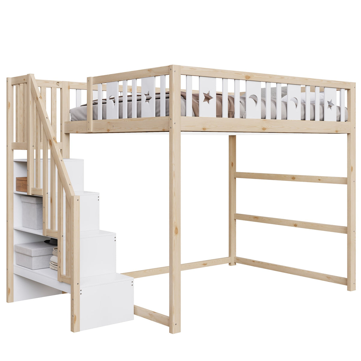 Children's Loft Bed 140x200 with Stairs Safety Railing Star & Moon Decor Solid Wood